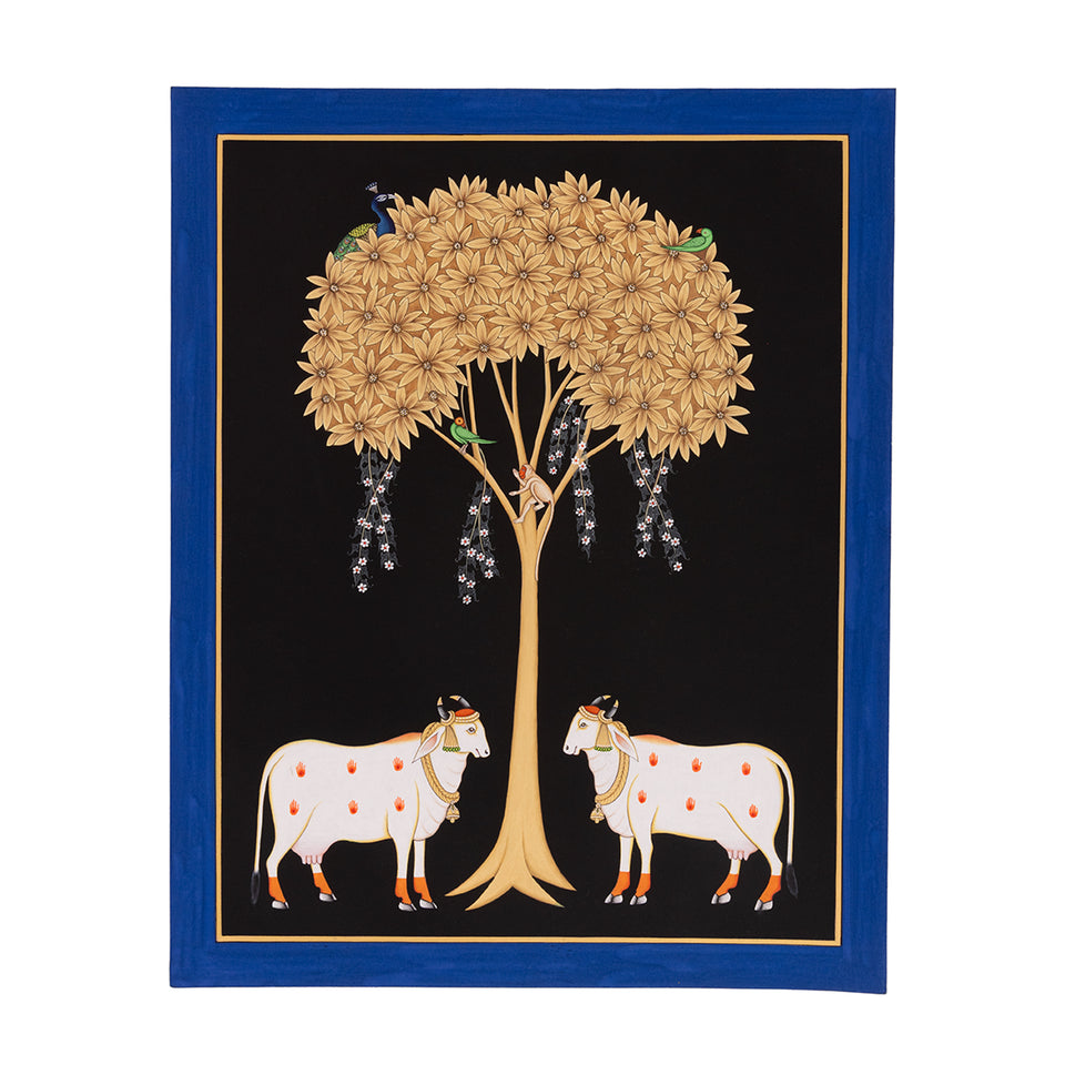 Cows Under Tree with Blue Border | Miniature Painting