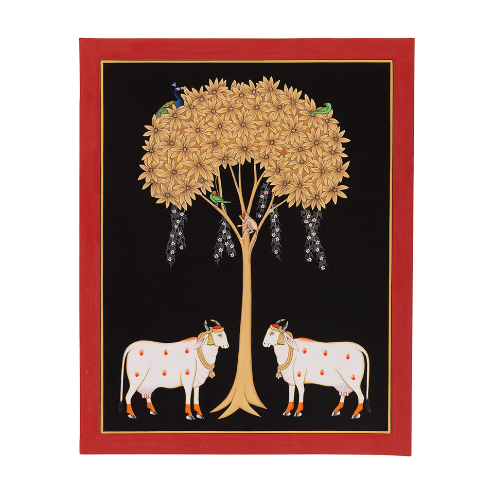 Cows Under Tree with Red Border | Miniature Painting