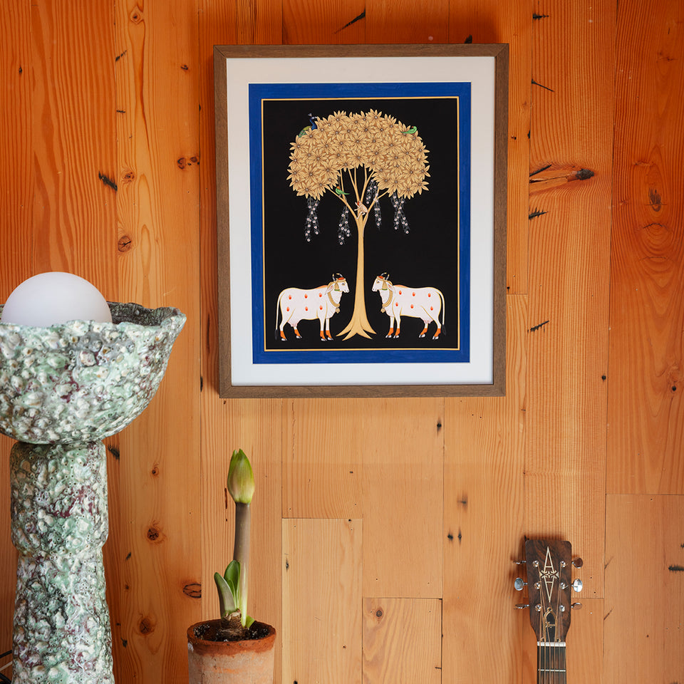 Cows Under Tree with Blue Border | Miniature Painting