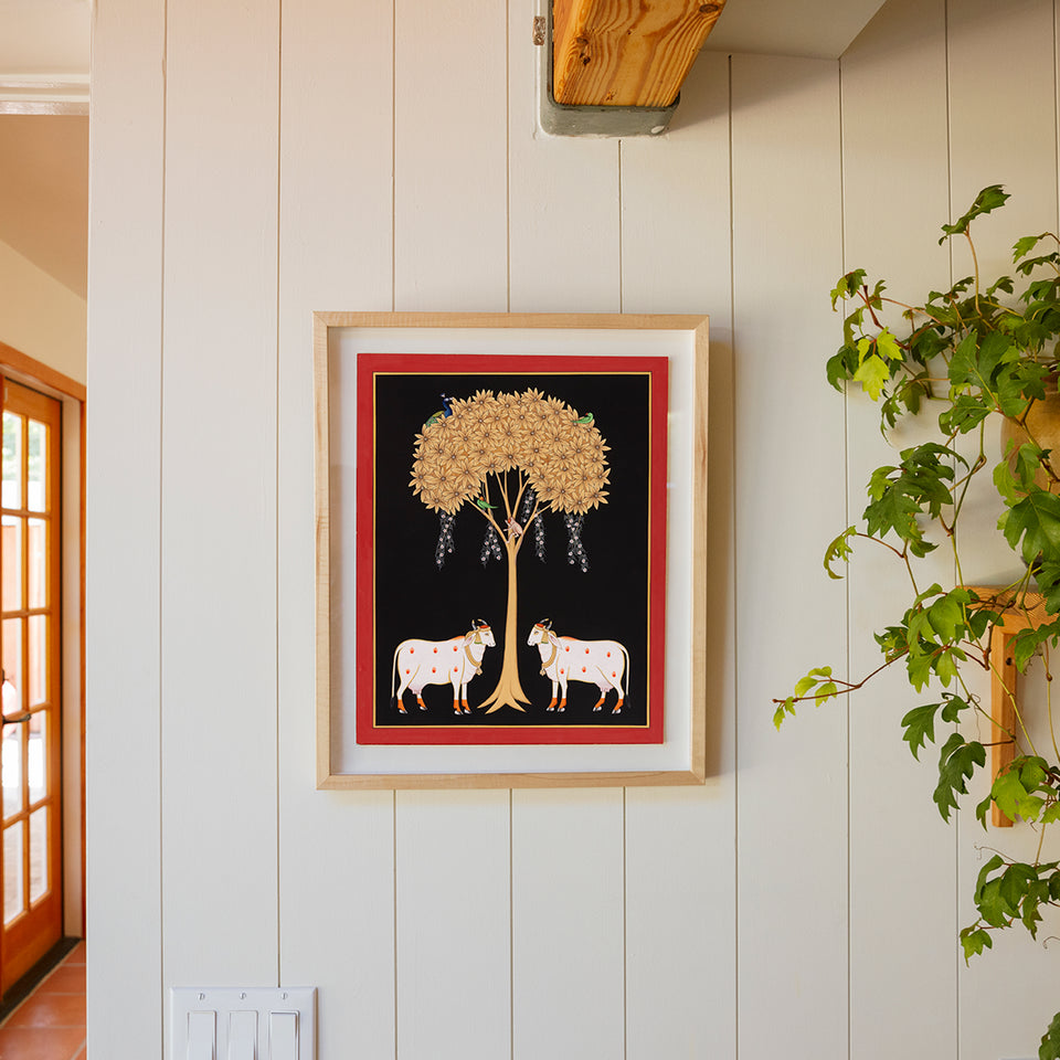 Cows Under Tree with Red Border | Miniature Painting