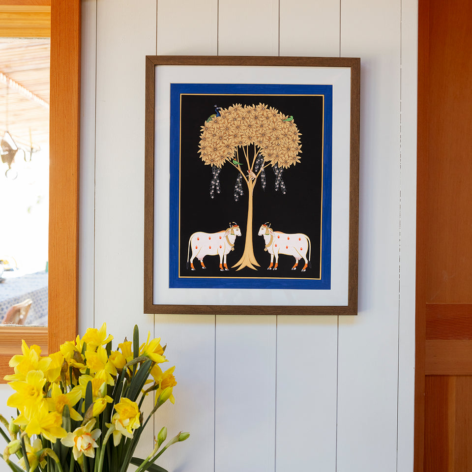 Cows Under Tree with Blue Border | Miniature Painting