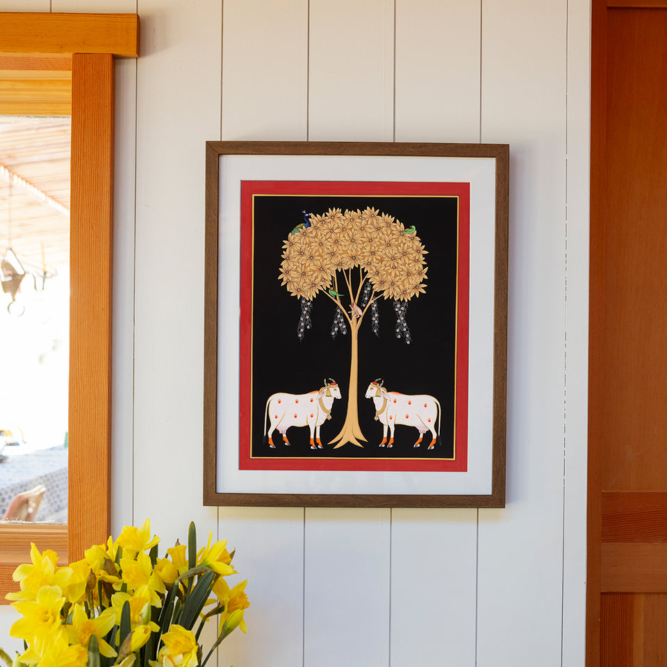 Cows Under Tree with Red Border | Miniature Painting