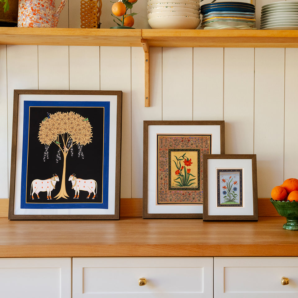 Cows Under Tree with Blue Border | Miniature Painting
